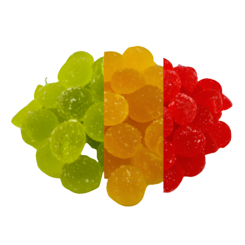 A colorful assortment of Delta-9 THC gummies in Sour Apple, Sour Lemon, and Fruit Punch flavors, arranged in a visually appealing pattern.