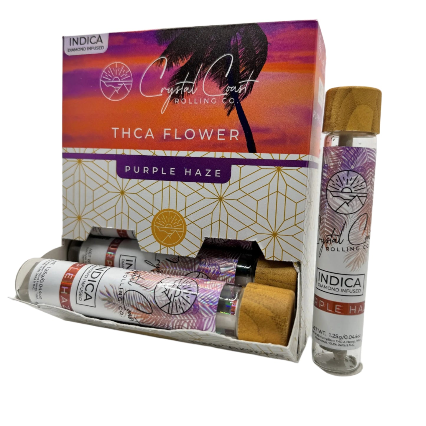 Crystal Coast Rolling Co. 1.25G Pre-Roll, Top Shelf Flower by 99.4% THCA Diamond Infused, Purple Haze Indica, Gelato Hybrid, Mimosa Sativa Crystal Coast Rolling Co.