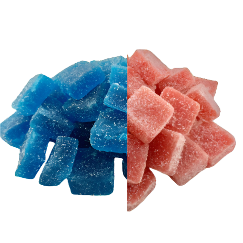 A pile of gummy candies, with half in blue and the other half in red, on a white background.