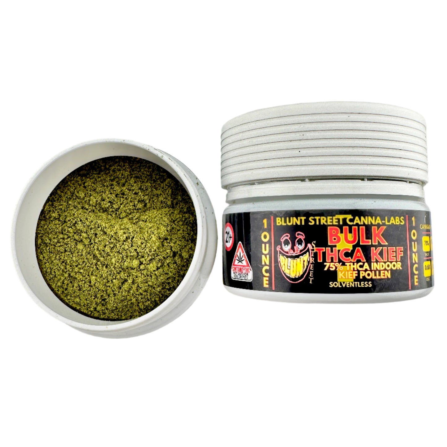 Jar of green powder with a label on a gray background