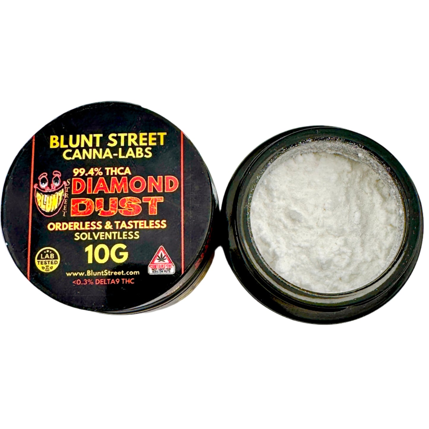 Jar of Blunt Street Canna-Labs Diamond Dust with open lid on a white background