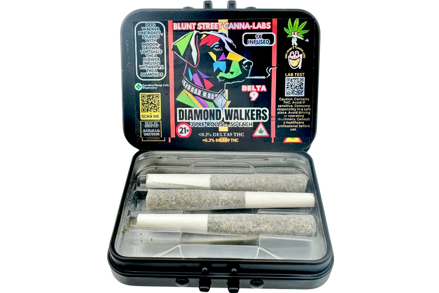 Open container of diamond walkers with colorful branding on a white background