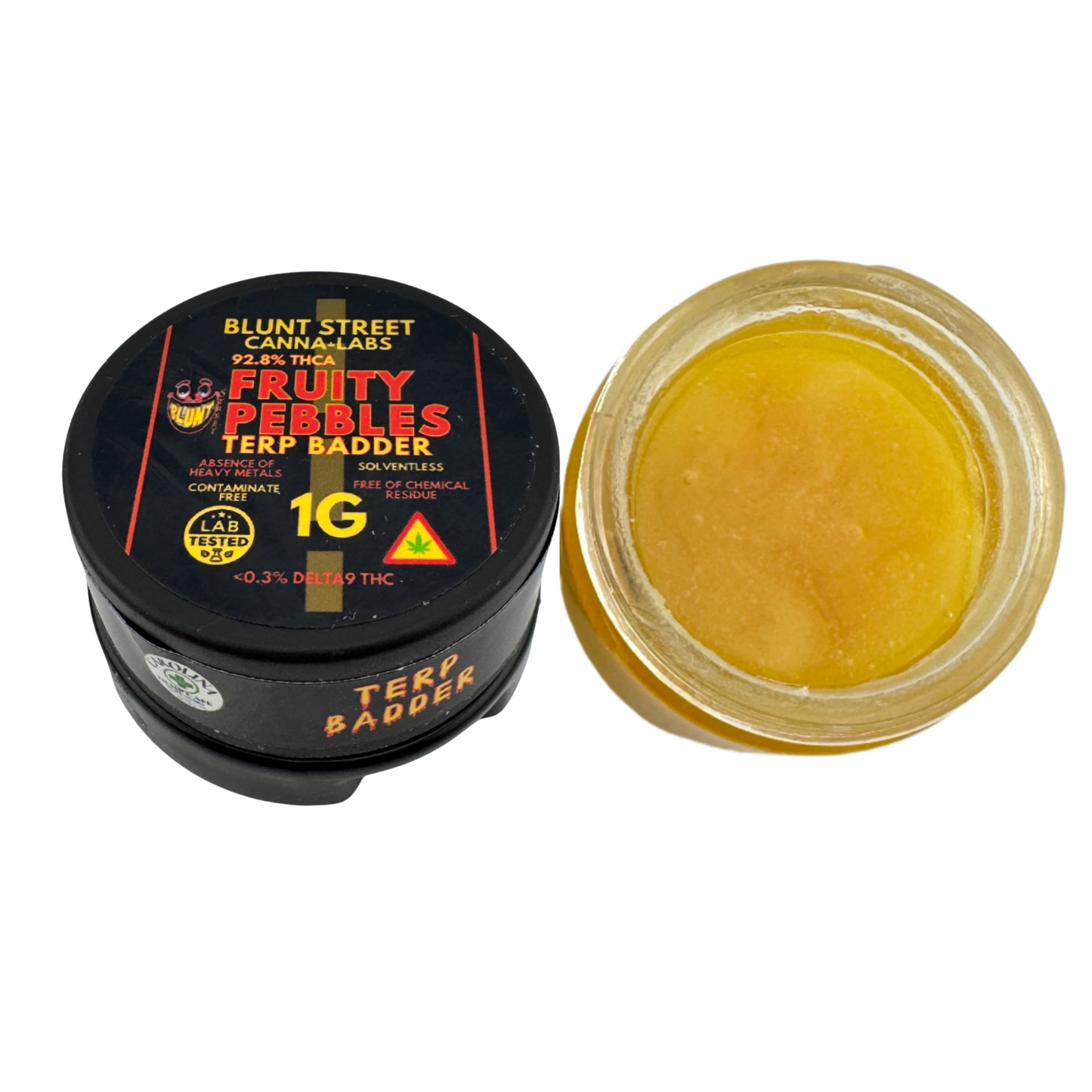 Jar of Blunt Street Cannabis Labs Fruity Pebbles Terp Badder with open lid showing yellow substance.