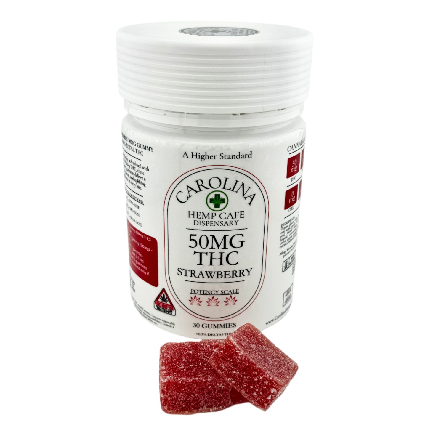 bottle of Carolina Hemp Cafe's 50mg Delta 9 THC gummies labeled strawberry with childproof containers and gummy candies displayed in front.