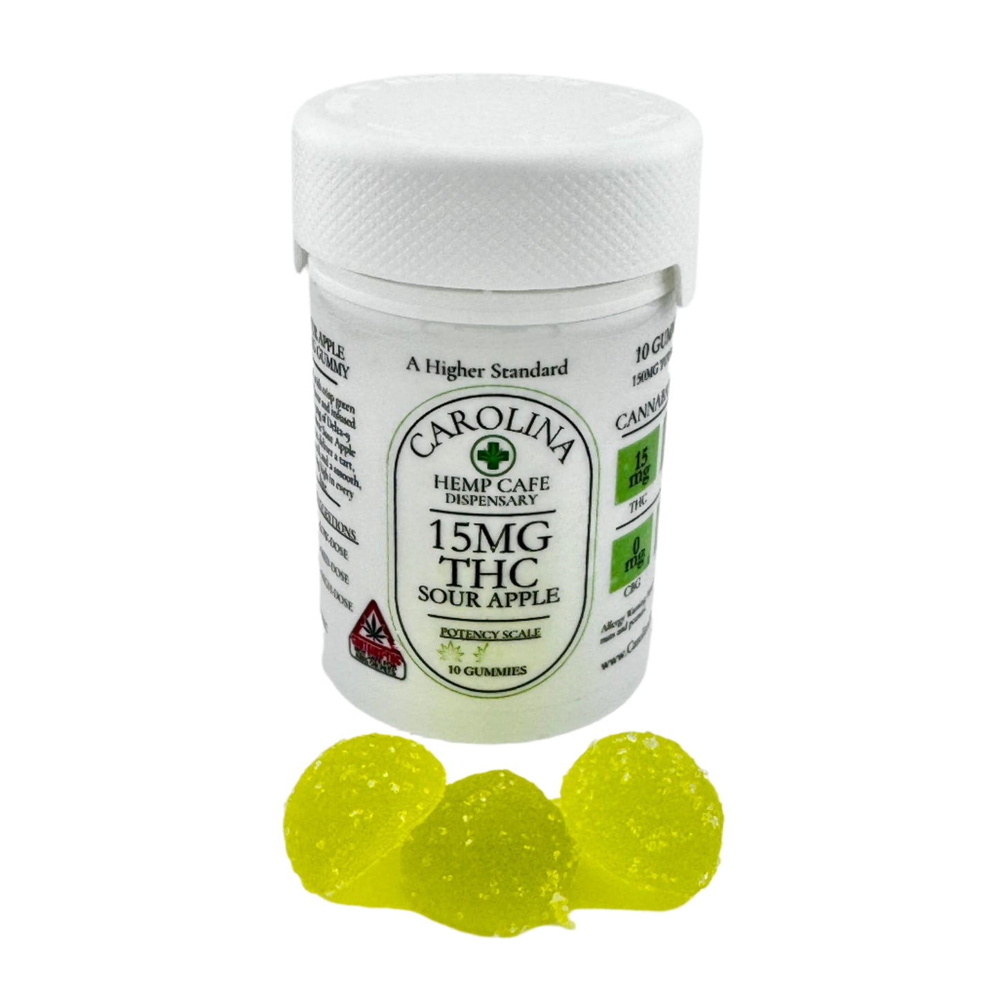 White cylinder bottles of Sour Apple 15mg THC gummies by Carolina Hemp Cafe with green gummy candies displayed in front of bottle