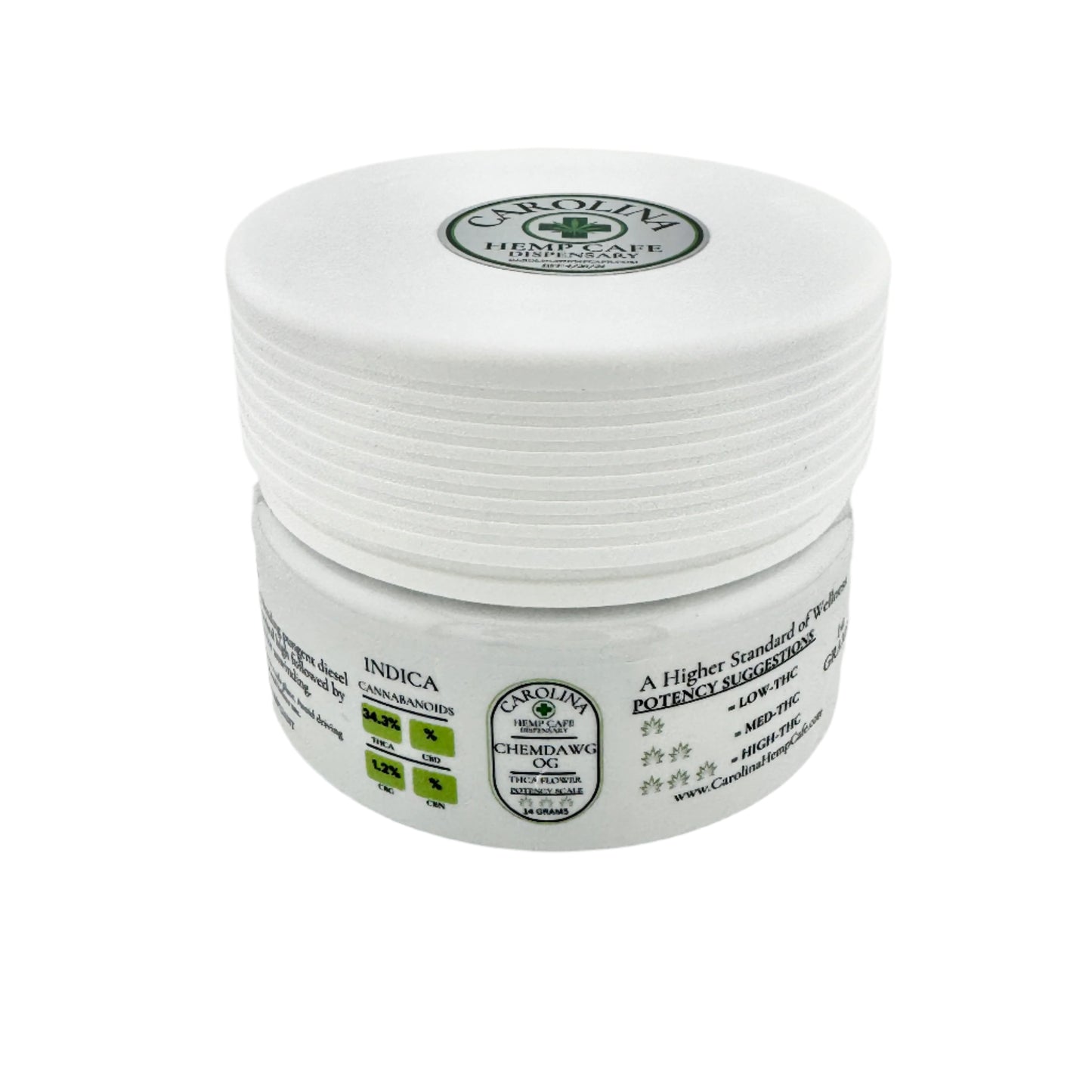 White 14g bottle of Chemdawg OG THCA flower by Carolina Hemp Cafe Dispensary