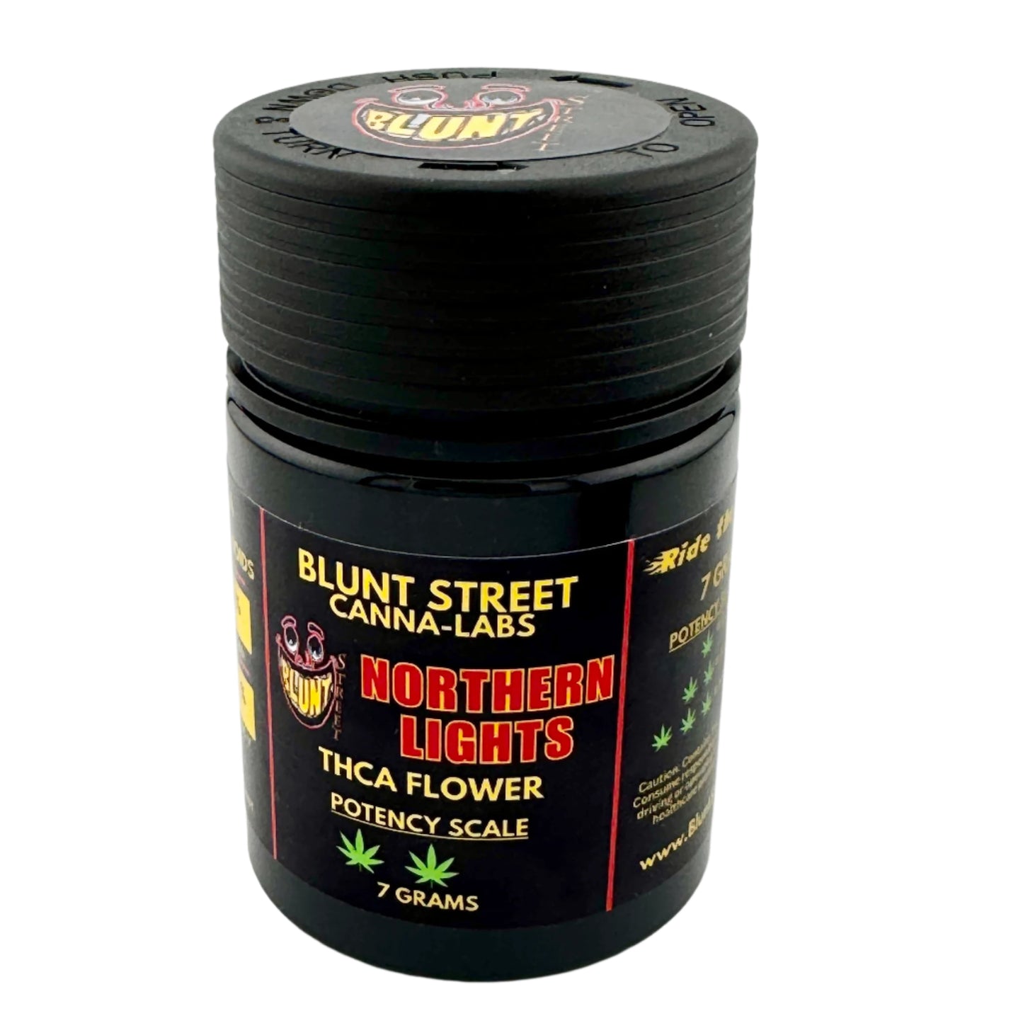 Black cylinder jars of 7g Northern Lghts THCA flower by Blunt Street Canna labs