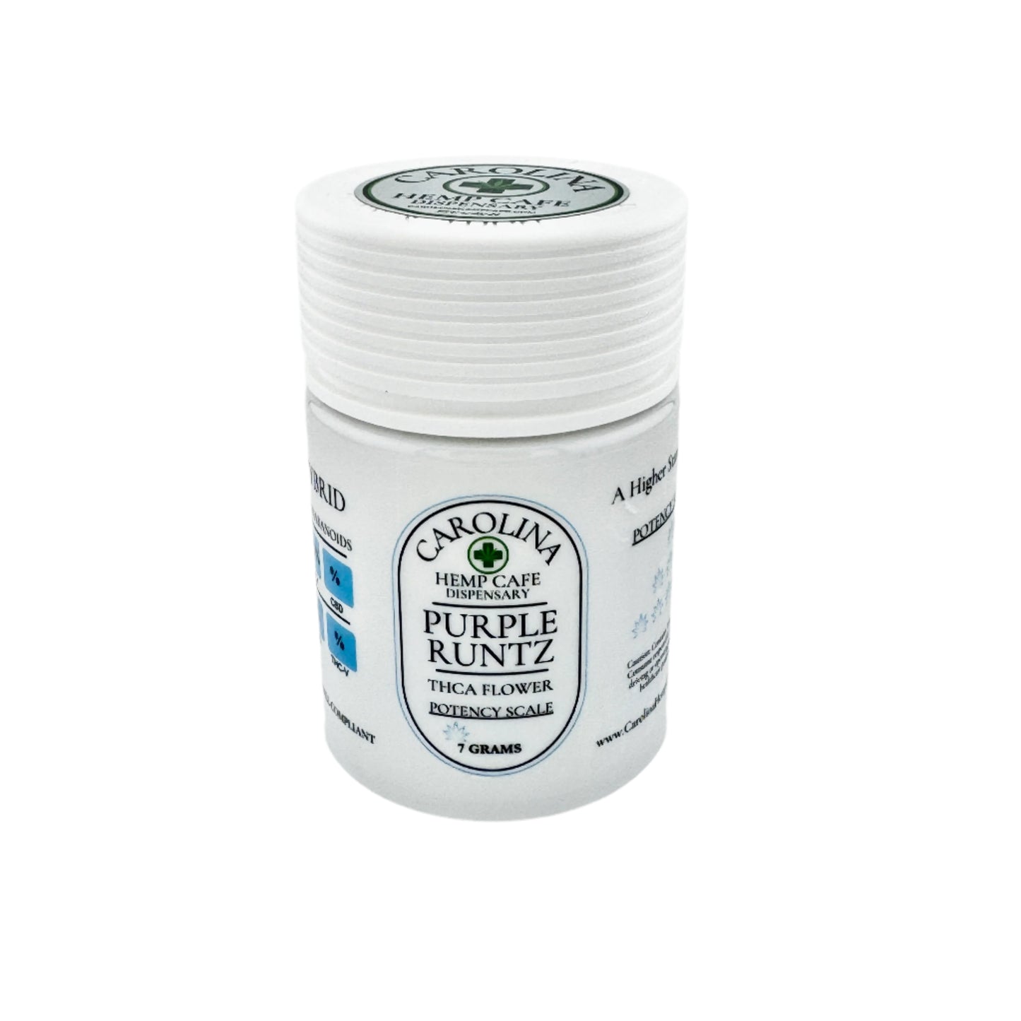 white cylinder jars of PURPLE RUNTZ Hybrid - by Carolina Hemp Cafe - THCA Cannabis Delta-9 Indoor-Grown Top Shelf Flower Carolina Hemp Cafe