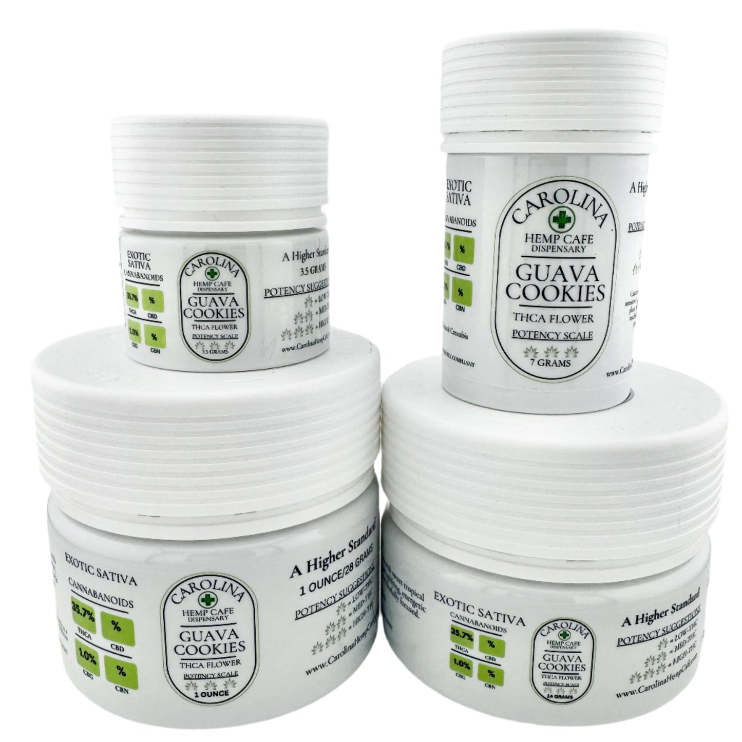 4 white jars of Guava Cookies THCA flower by Carolina Hemp Cafe Dispensary