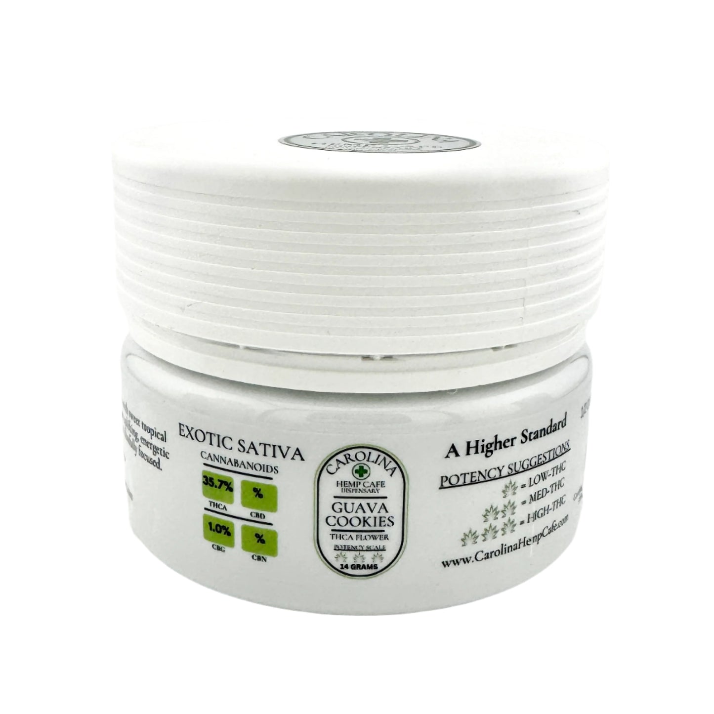 Exotic Sative Guava Cookies in white jar 35.7% THCA 1% CBG Labeled