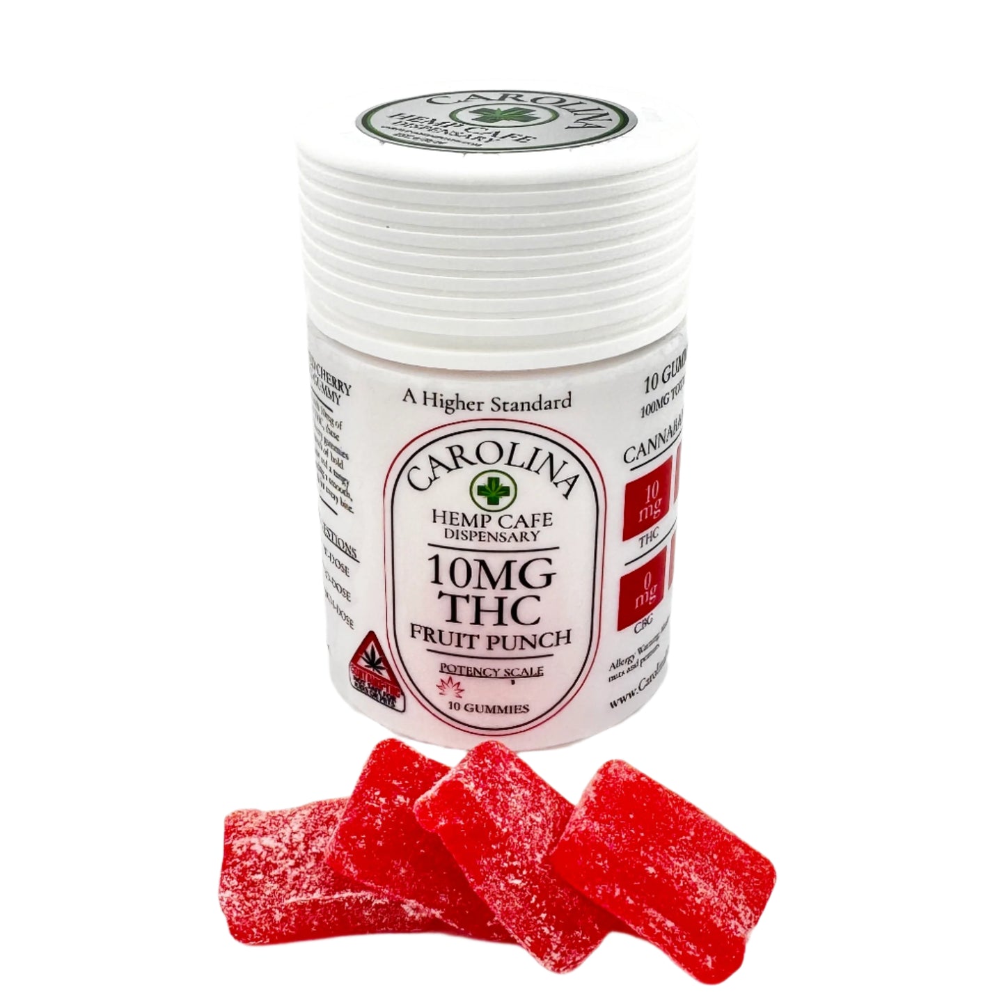 Jar of Carolina Hemp Cafe dispensary gummies with red fruit punch flavor on a white background