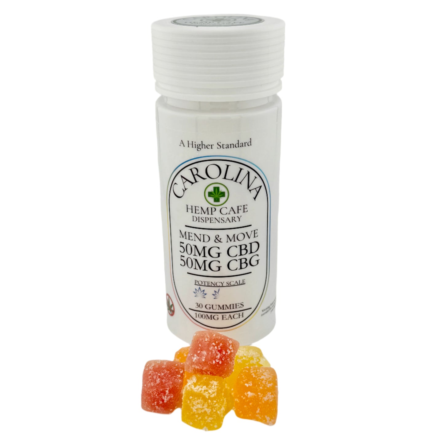 One bottle of Carolina Hemp Cafe's 50mg CBD:50mg CBG gummies, with the 'Mend & Move' label, alongside several gummy candies in different colors displayed in front.