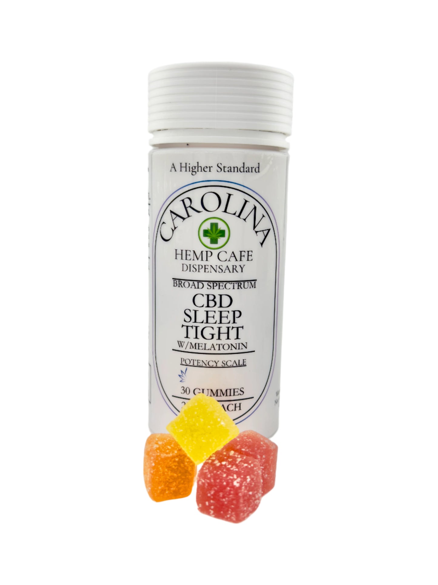 A white bottle of Carolina Hemp Cafe CBD gummies, one labeled as Sleep Tight with 25mg CBD & Melatonin, and the other as 'Carolina's' with a quantity and strength indicated. The image also includes three gummy candies in different colors displayed in front.