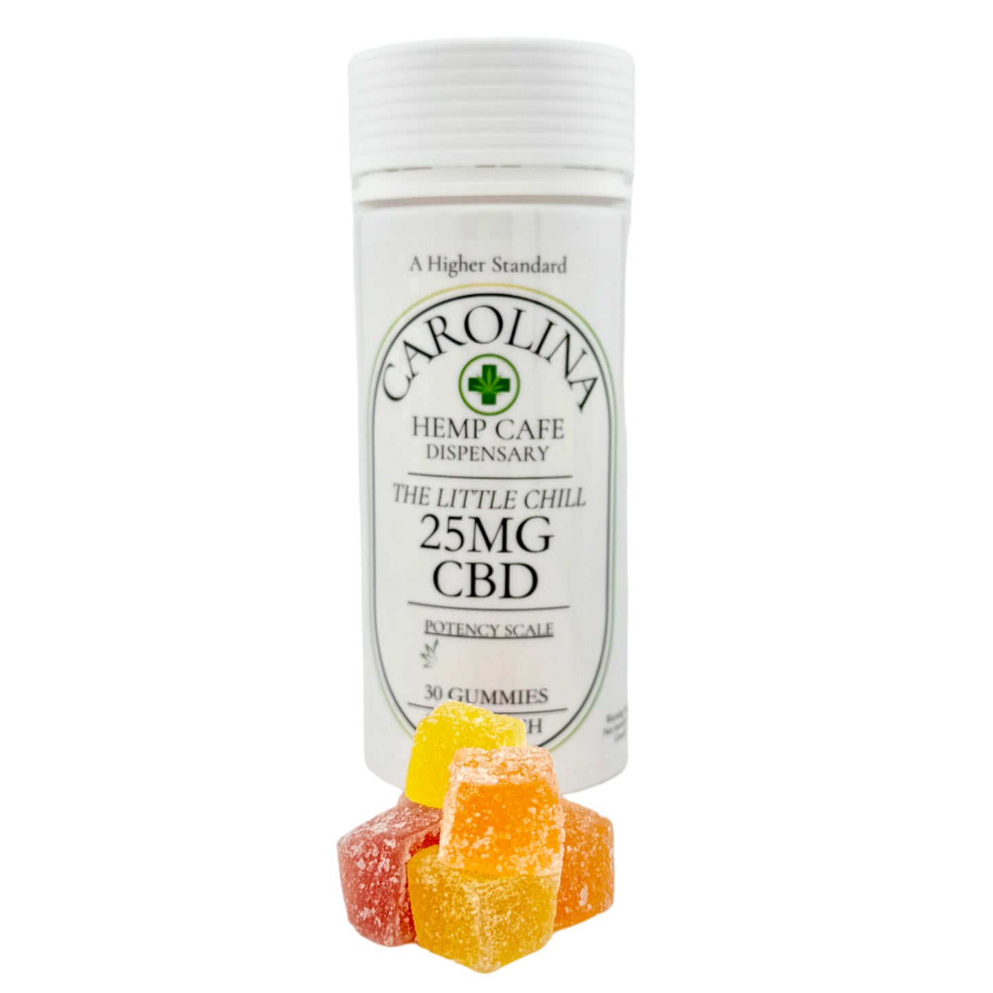 white bottle of 25mg CBD gummy candies with assorted gummies displayed in front of the white bottle by Carolina Hemp Cafe Dispensary