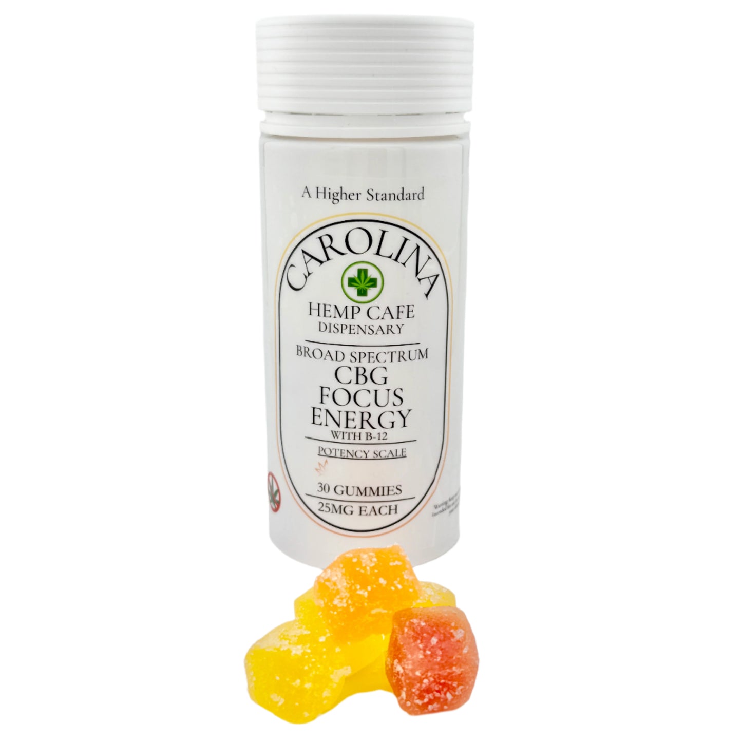 Jars of Carolina Hemp Cafe's CBG gummies in various sizes, with a small open jar showing the yellowish gummy candies inside.