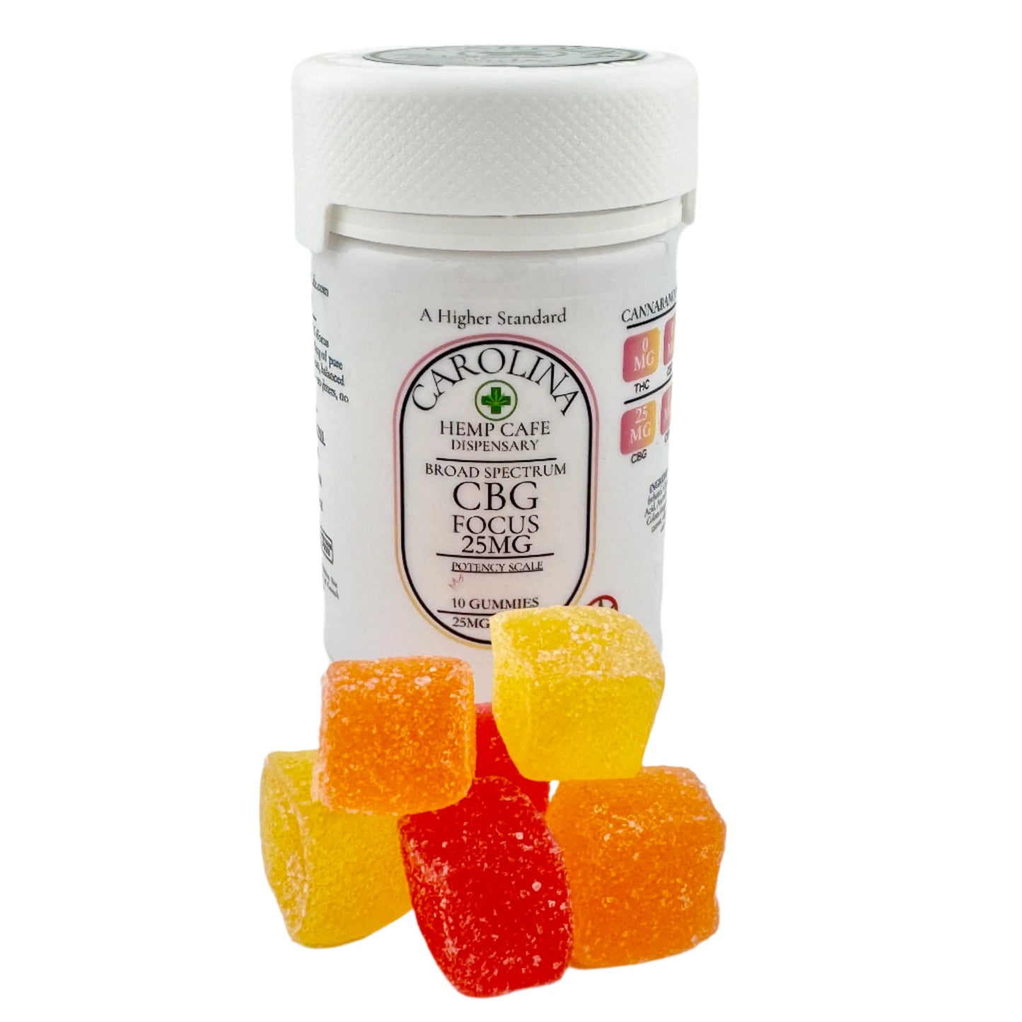 Container of CBG gummies with colorful gummies in front on a white background