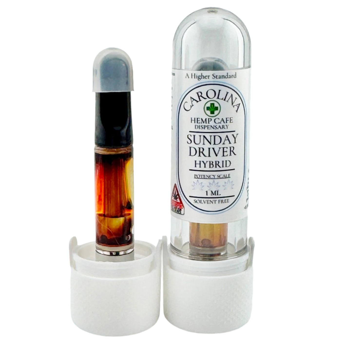 Vape cartridge with label and cap on a white background Sunday Driver Hybrid 1ml