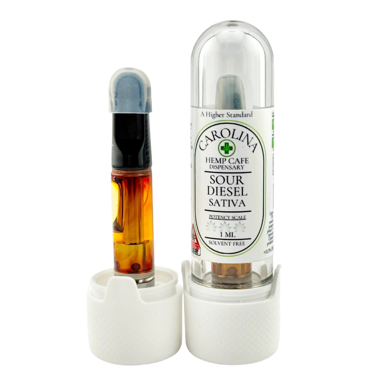 Carolina Hemp Cafe Dispensary vape cartridge with clear packaging on a white background sour diesel Sativa 1ml