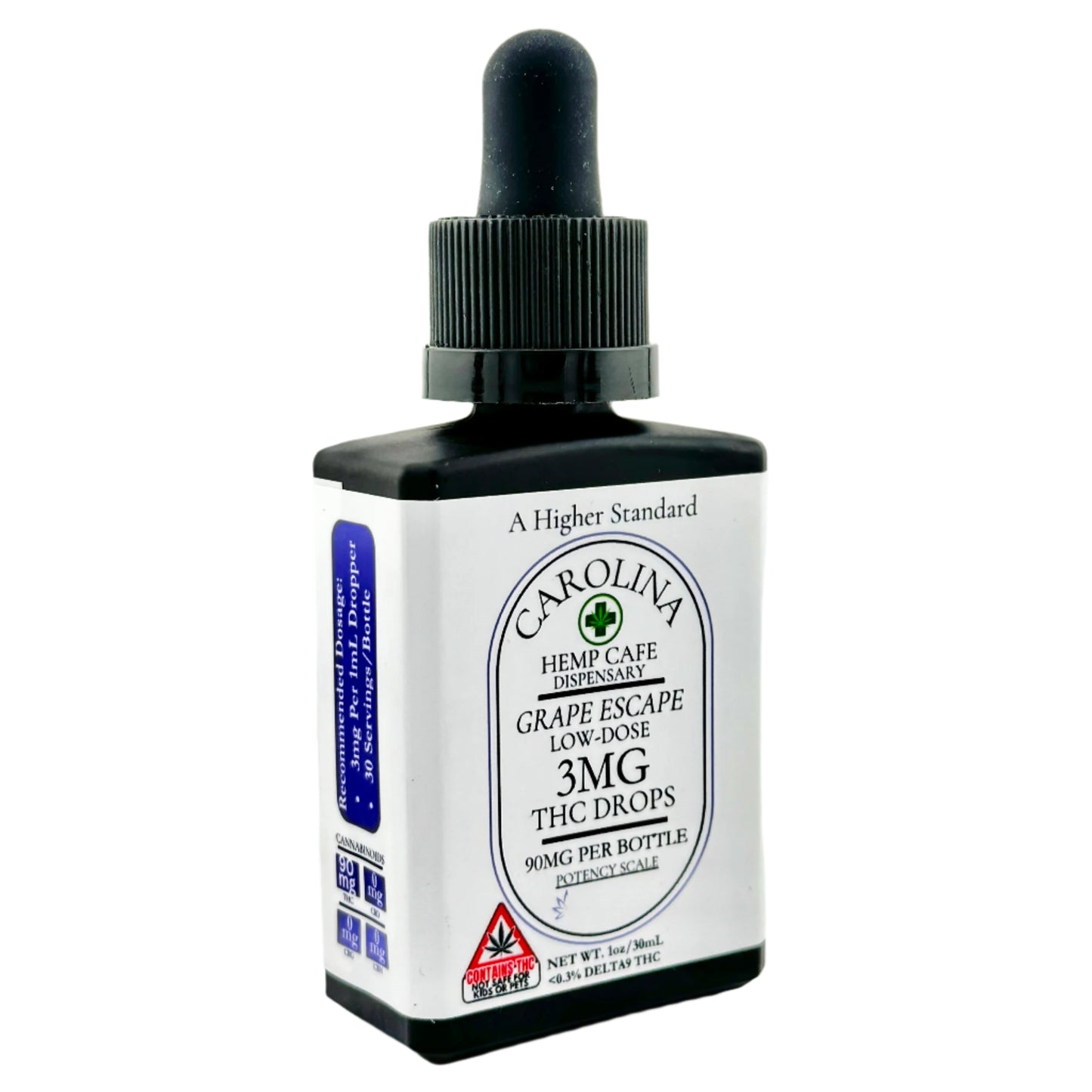 Bottle of THC drops with dropper on white background