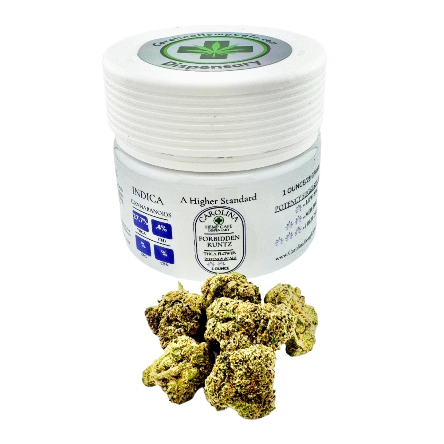 Jar of cannabis buds with a label on a white background