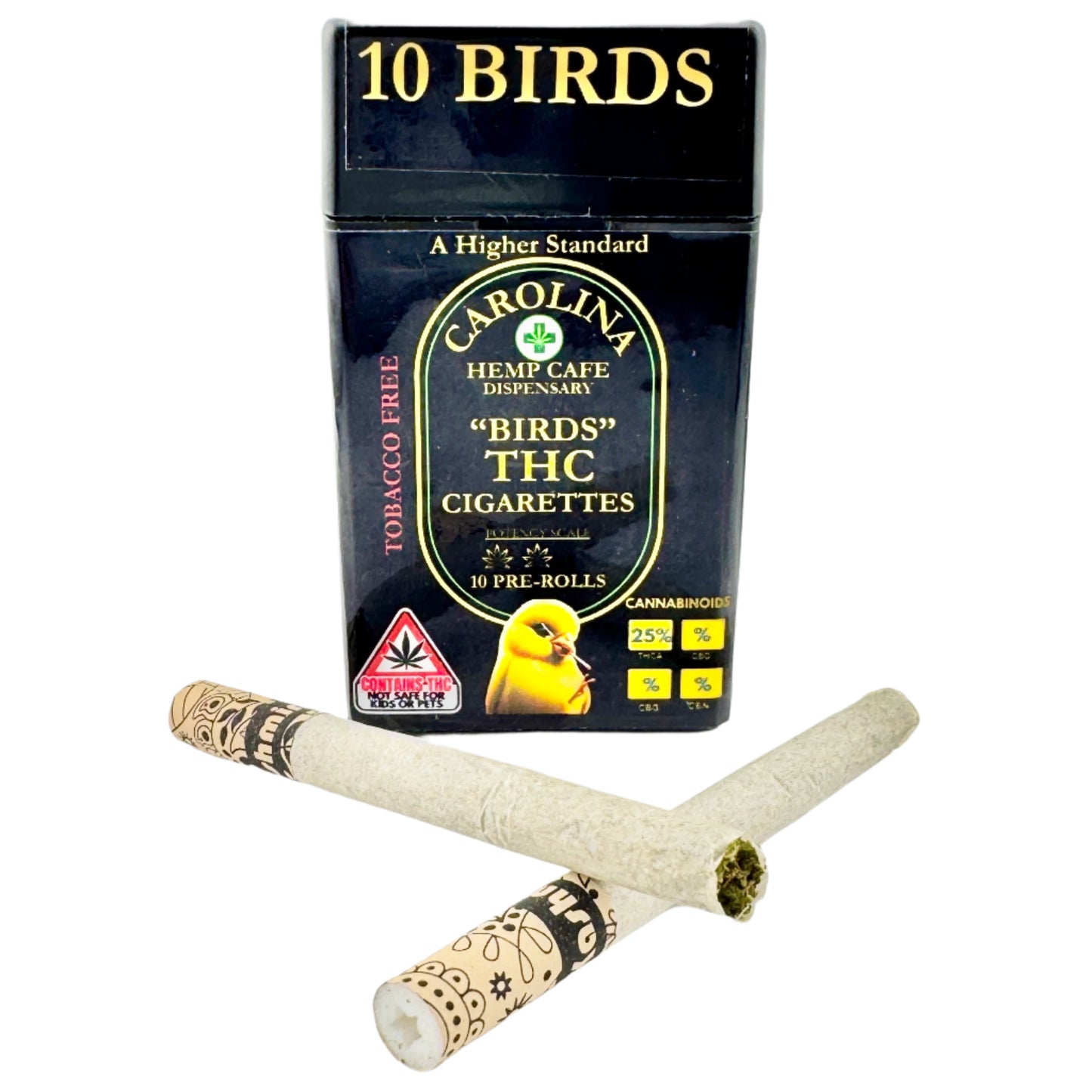 cannabis hemp thca cigarettes black containers with labels that says Birds THC Cigarettes with yellow Canary picture logo