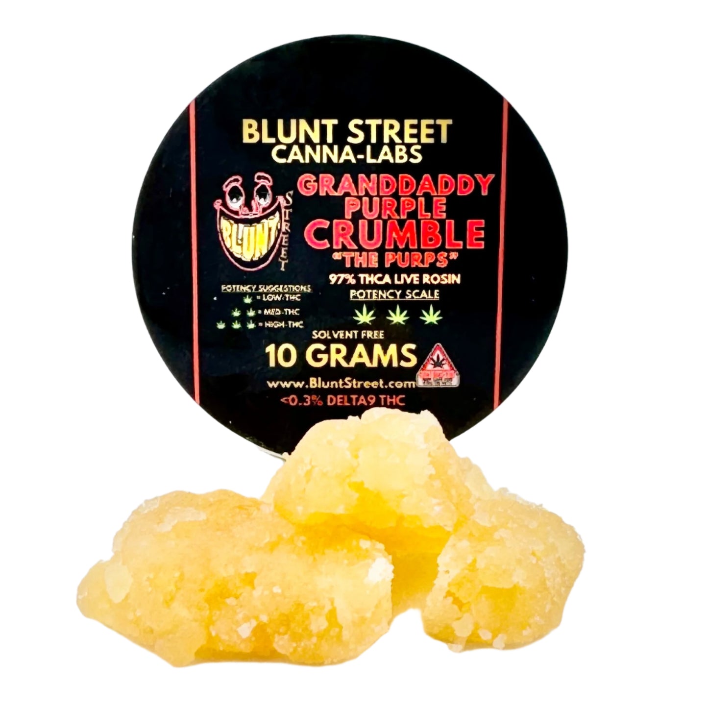 Cannabis product with Blunt Street Canna-Labs label on a white background