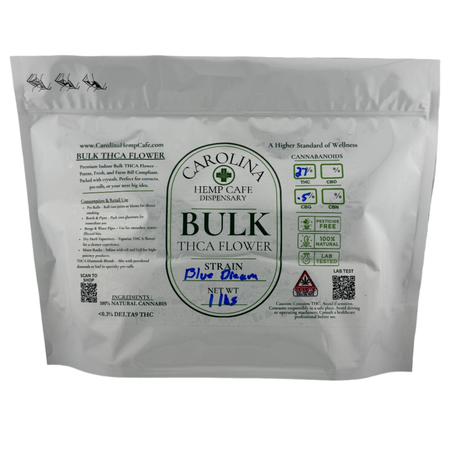 Package of Carolina Hemp Cafe Bulk THCA Flower on a white background