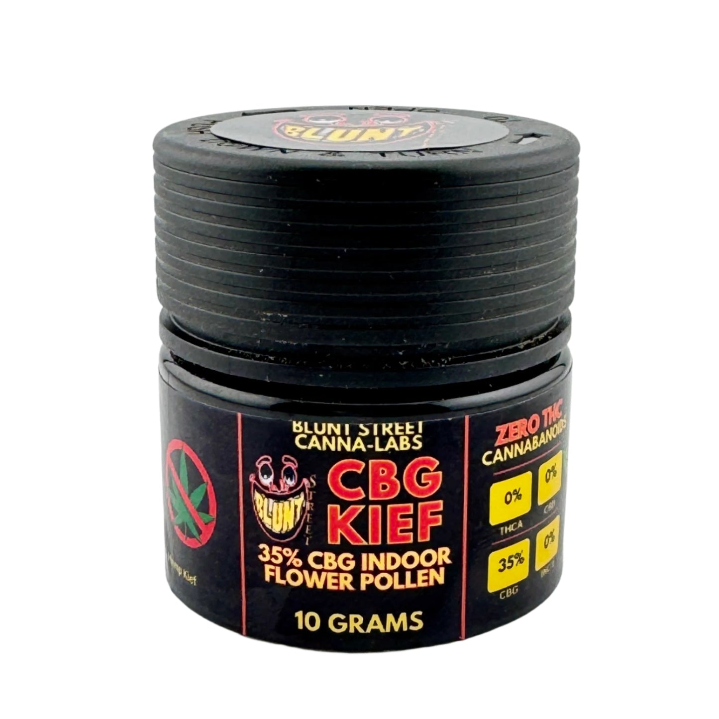 Black container labeled 'CBG Kief' with branding on a white background