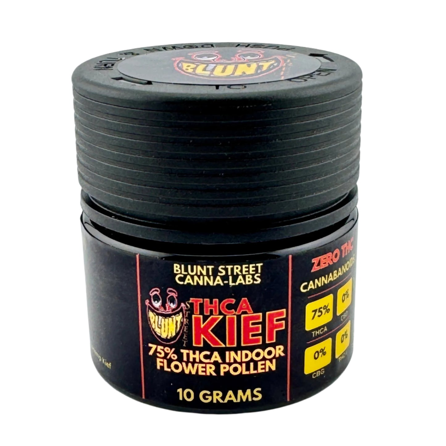 Black container labeled 'THCA Kief' with branding on a white background