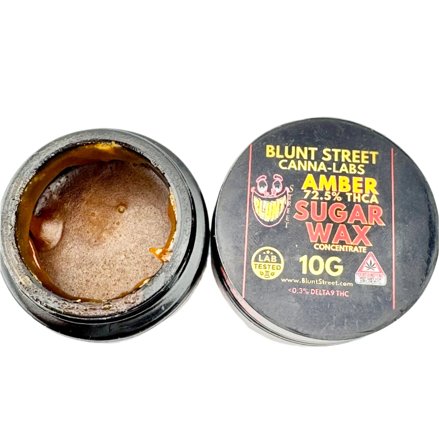 Blunt Street Canna-Labs Amber Sugar Wax container with lid open showing wax inside.