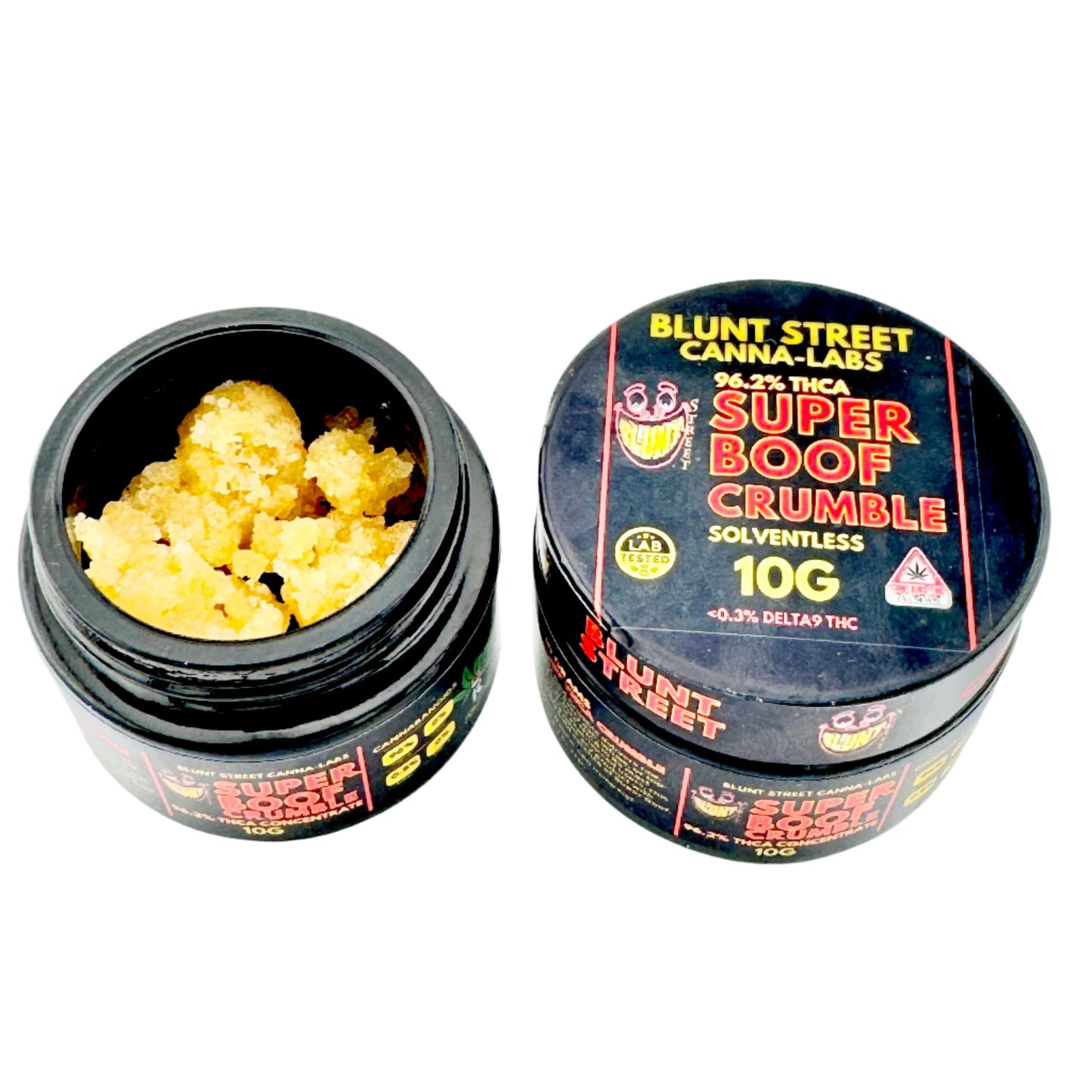Black container with cannabis crumble and its packaging labeled 'Blunt Street Canna-Labs Super Boof Crumble' on a white background.