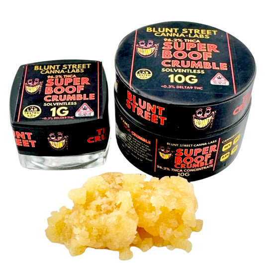 Two containers of Blunt Street Canna Labs Super Boof Crumble with a small pile of yellow crumble in front.