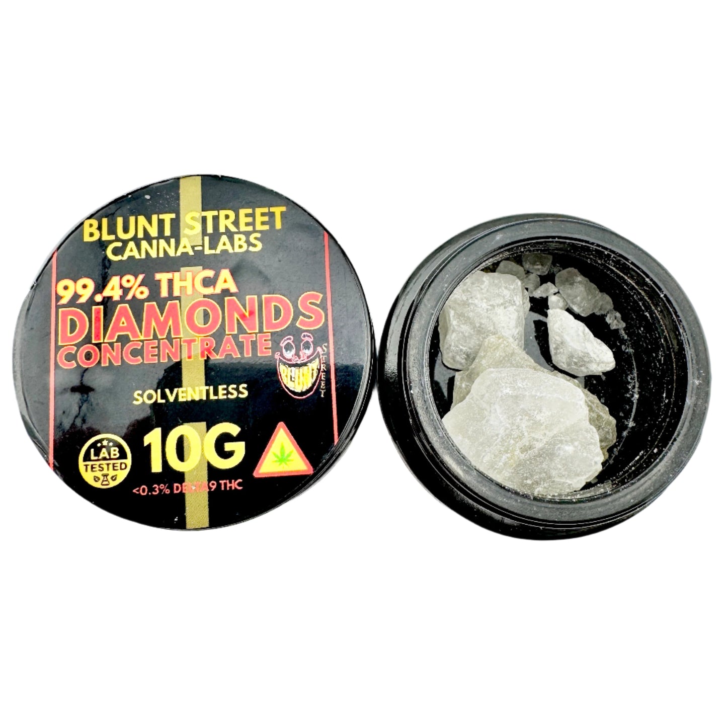 Open container of Blunt Street Canna-Labs 99.4% THCA Diamonds Concentrate on a white background