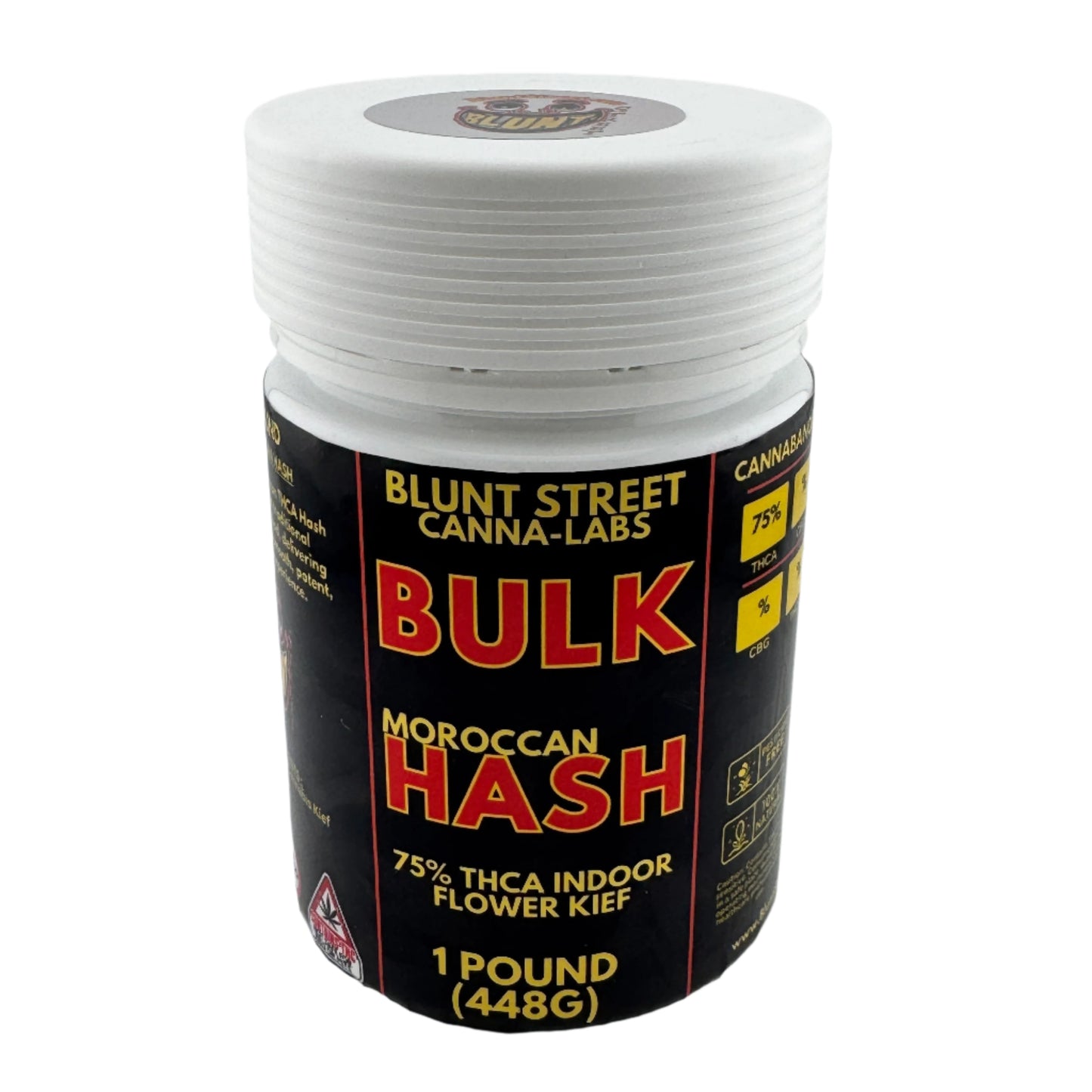 Jar of Blunt Street Canna-Labs Bulk Moroccan Hash on a gray background