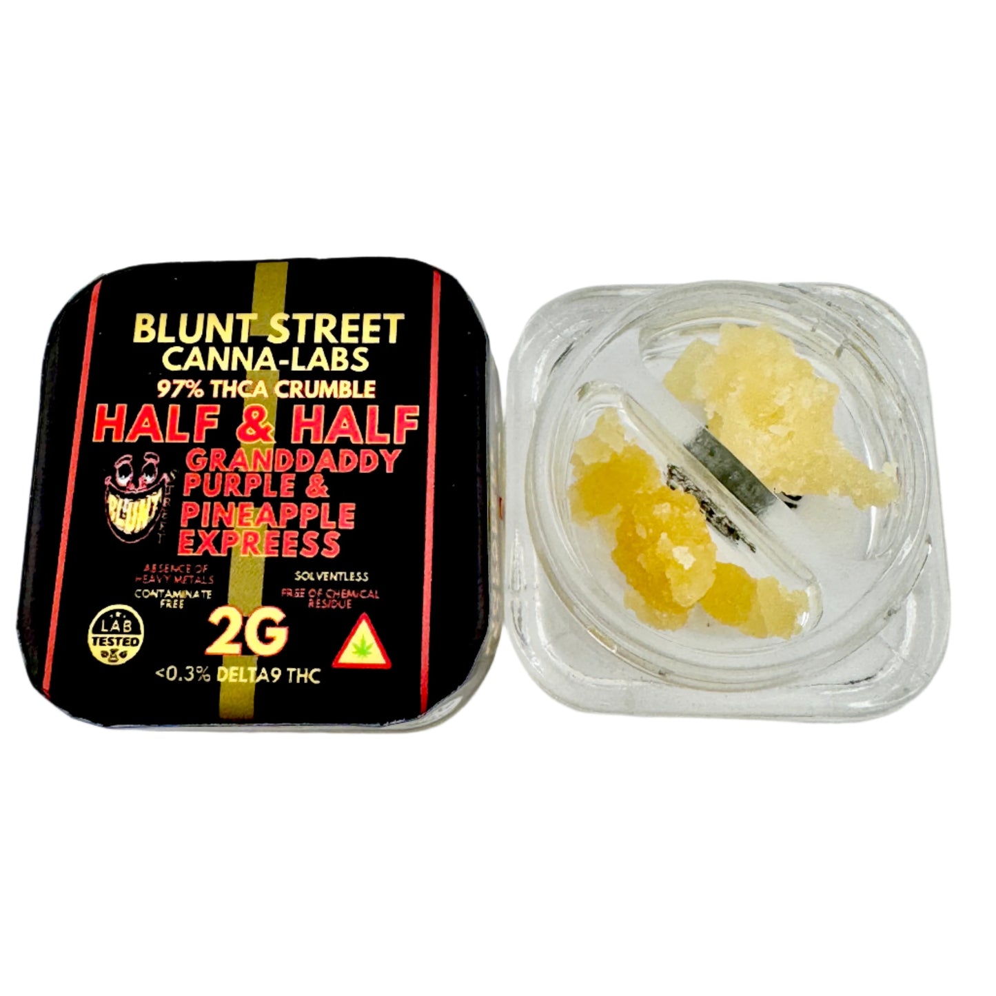Blunt Street Canna-Labs cannabis product packaging with yellow substance inside a clear container on a white background.