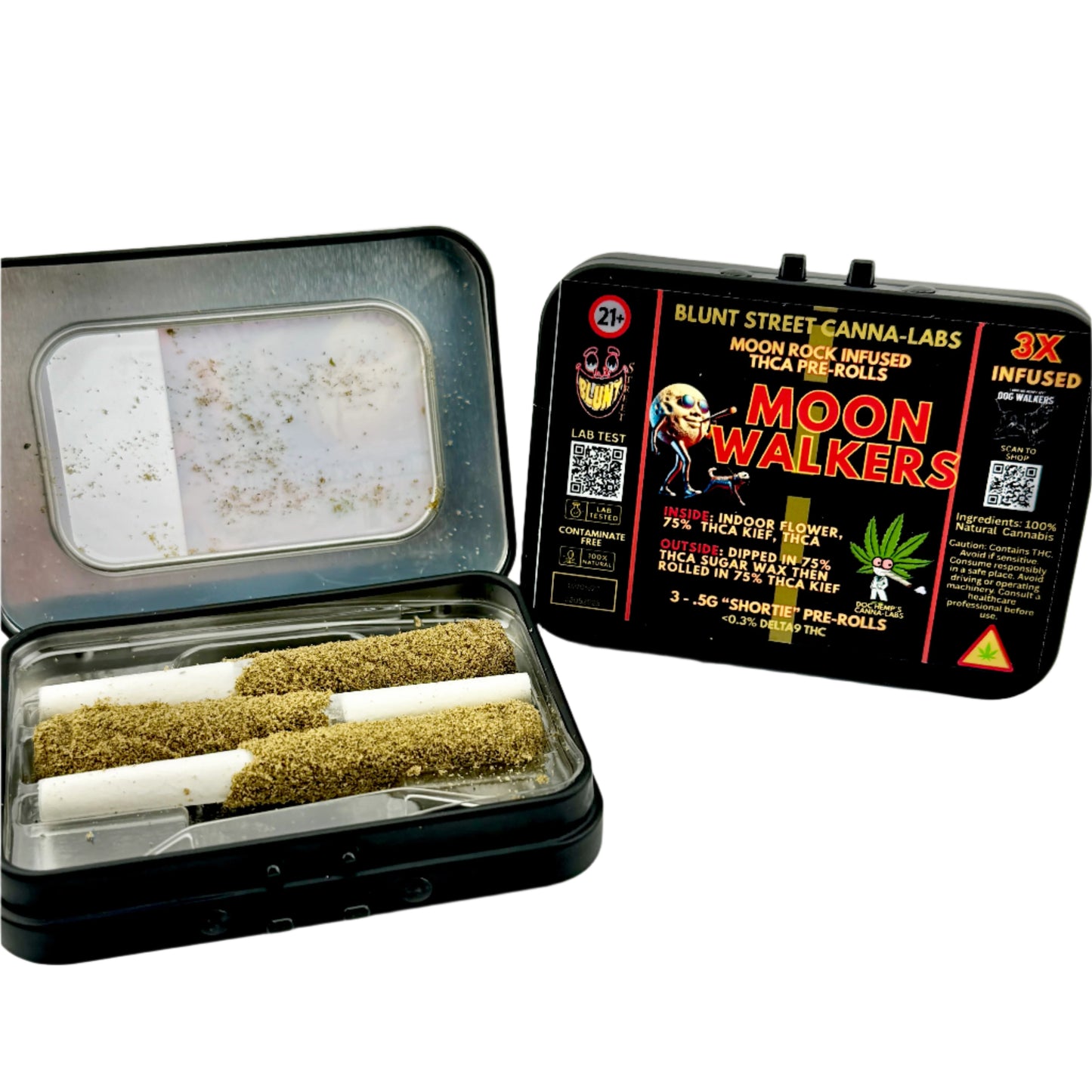 Pre-rolled joints in a black container with 'Moon Walkers' packaging on a white background
