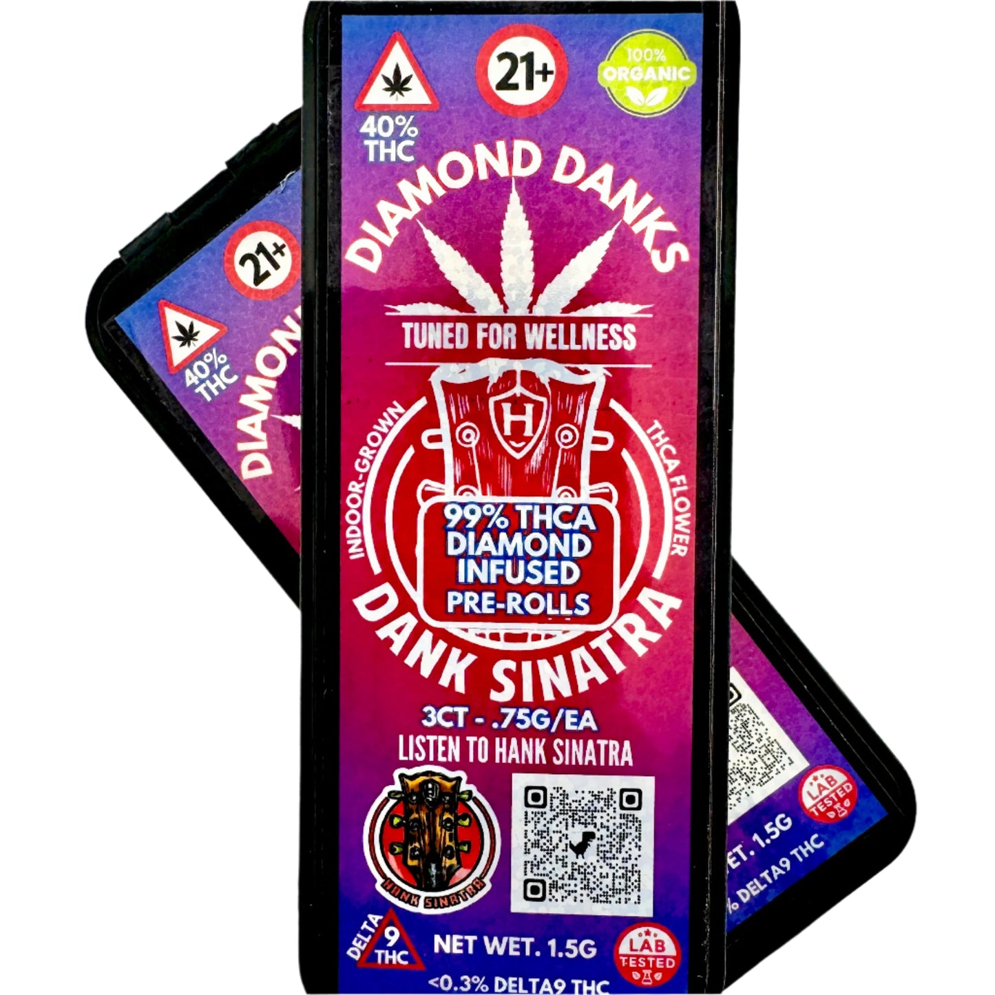 Diamond Danks pre-roll packaging with colorful design and text on a gray background