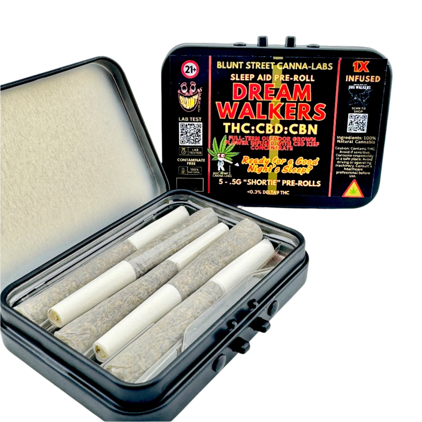 Black case with pre-rolled joints and a 'Dream Walkers' packaging on a white background