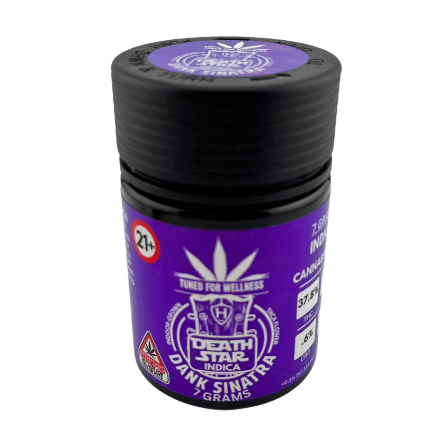 Purple and black cannabis product container with visible branding on a white background
