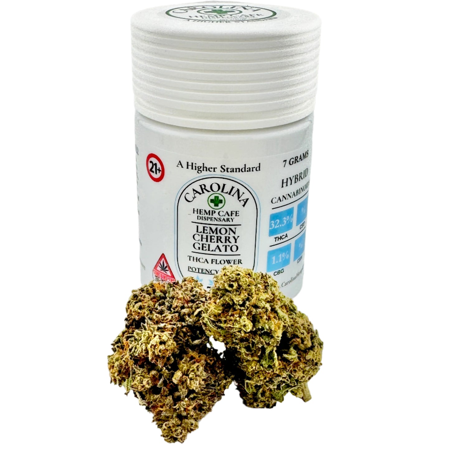 Jar of Carolina Hemp Caffe lemon cherry gato cannabis with cannabis buds on a white background