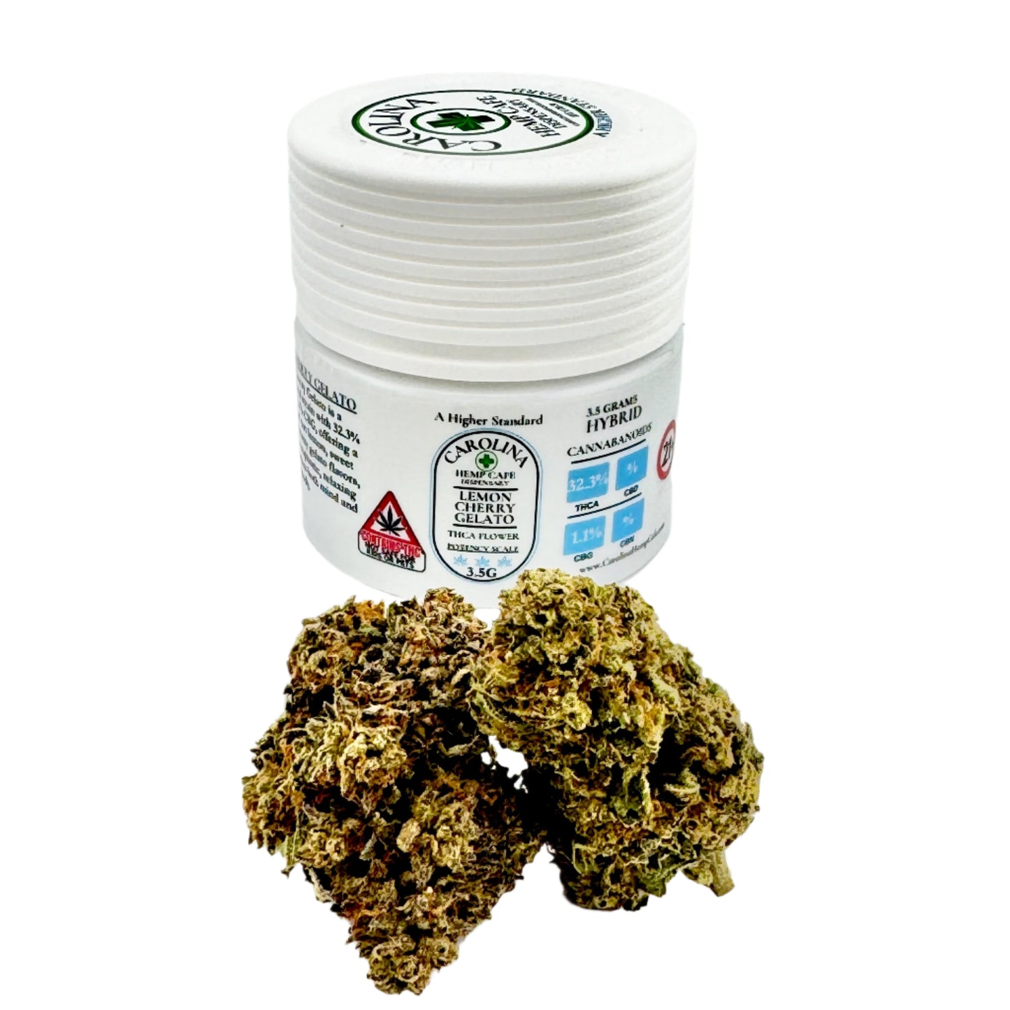 Jar of cannabis resin with cannabis buds on a white background