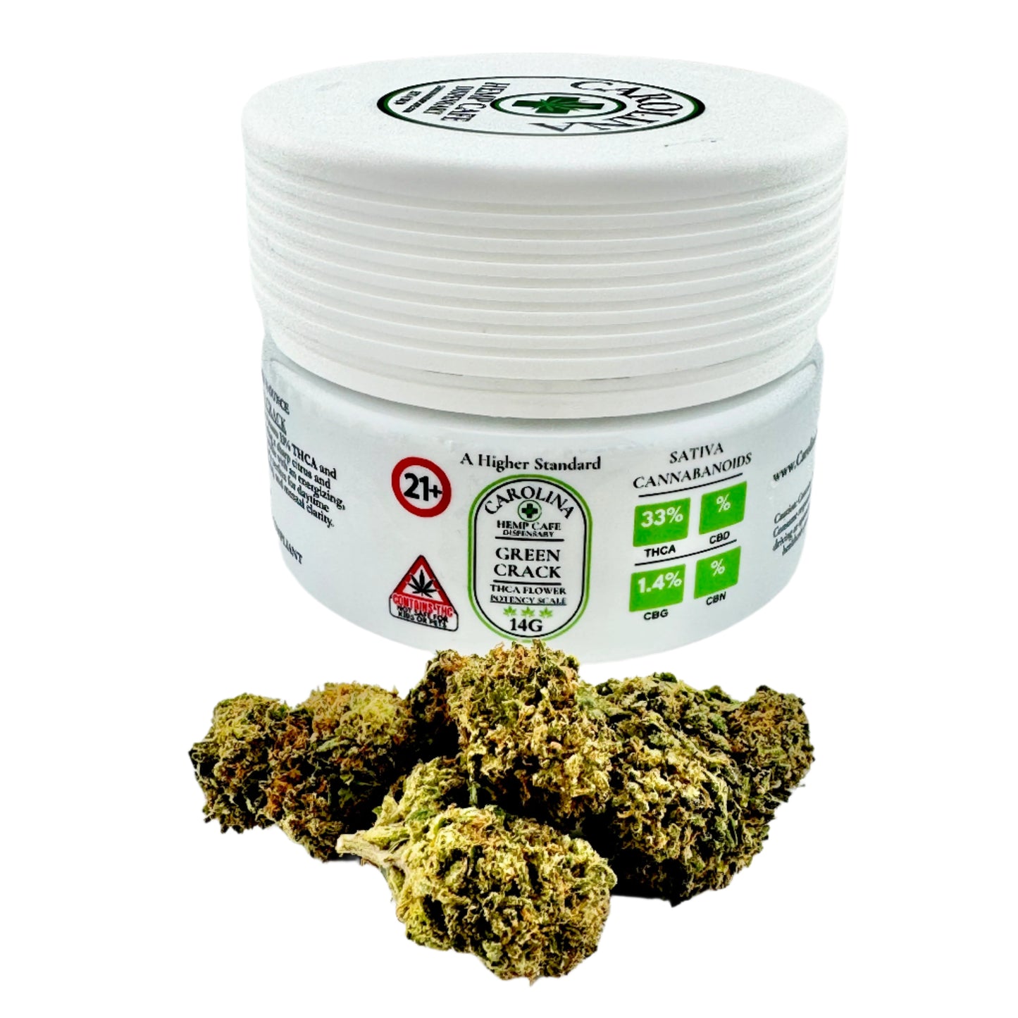 Jar of cannabis buds with a white lid on a light gray background
