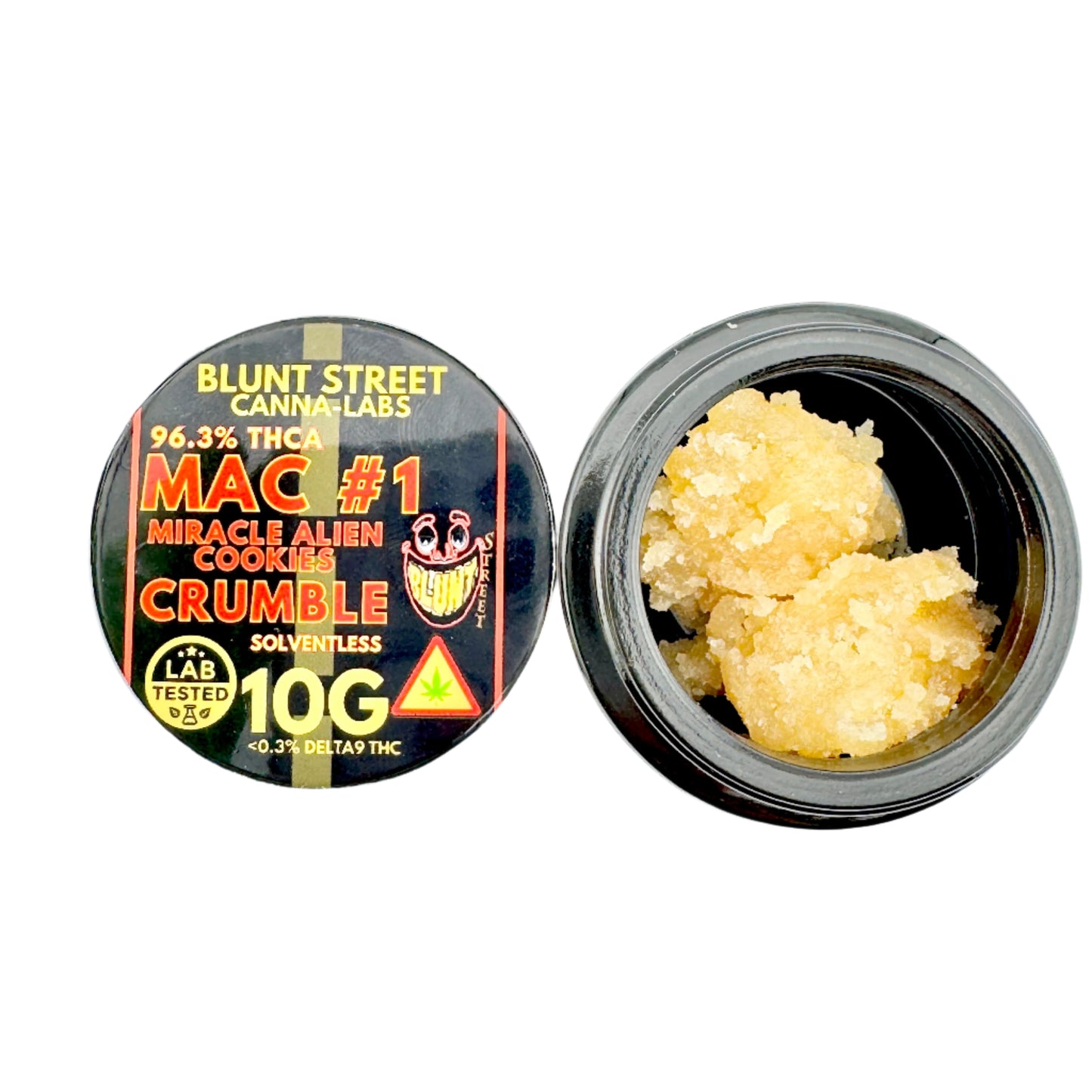 Jar of Blunt Street Canna Labs MAC #1 Miracle Alien Cookies Crumble on a white background