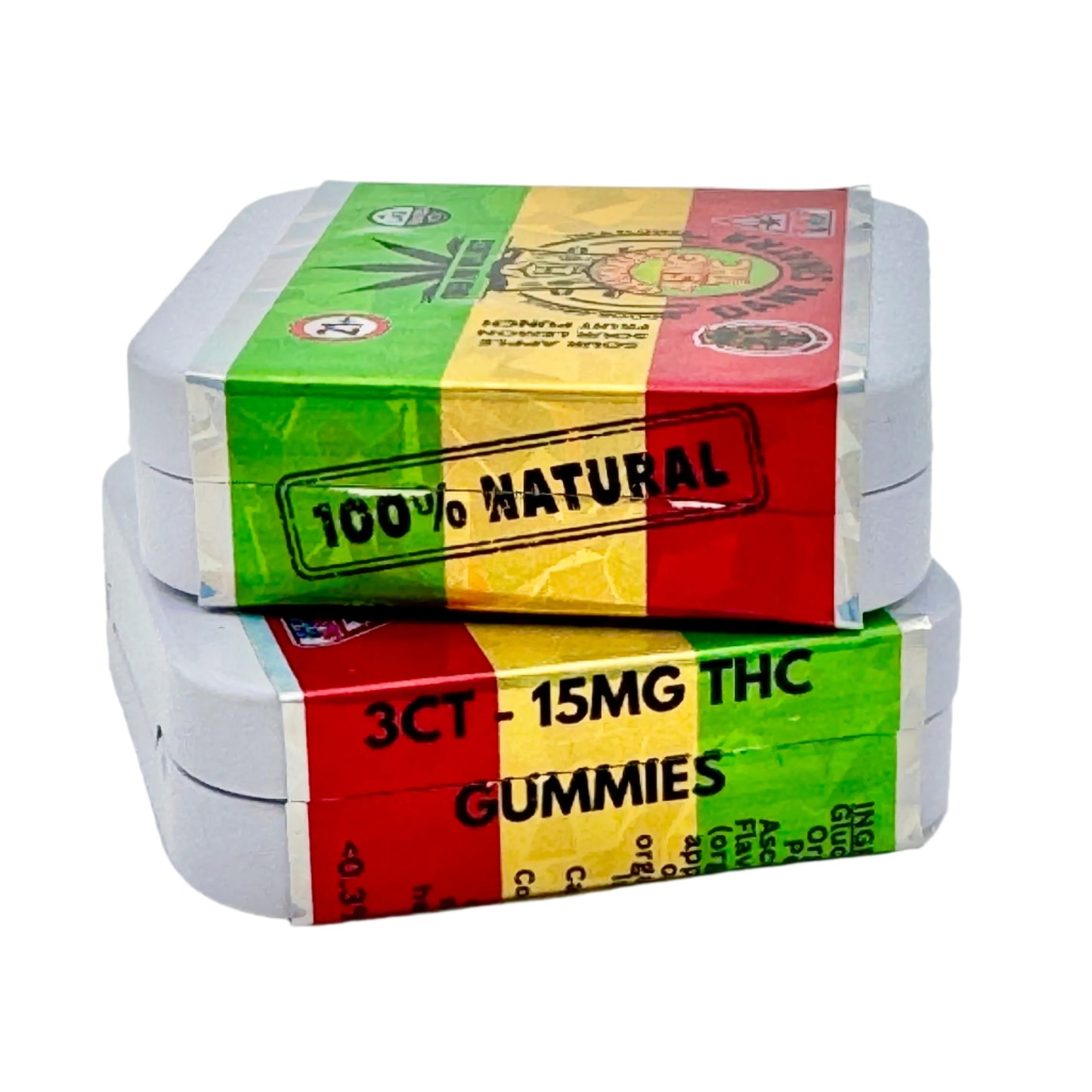 Packaged gummies with colorful label on a white background