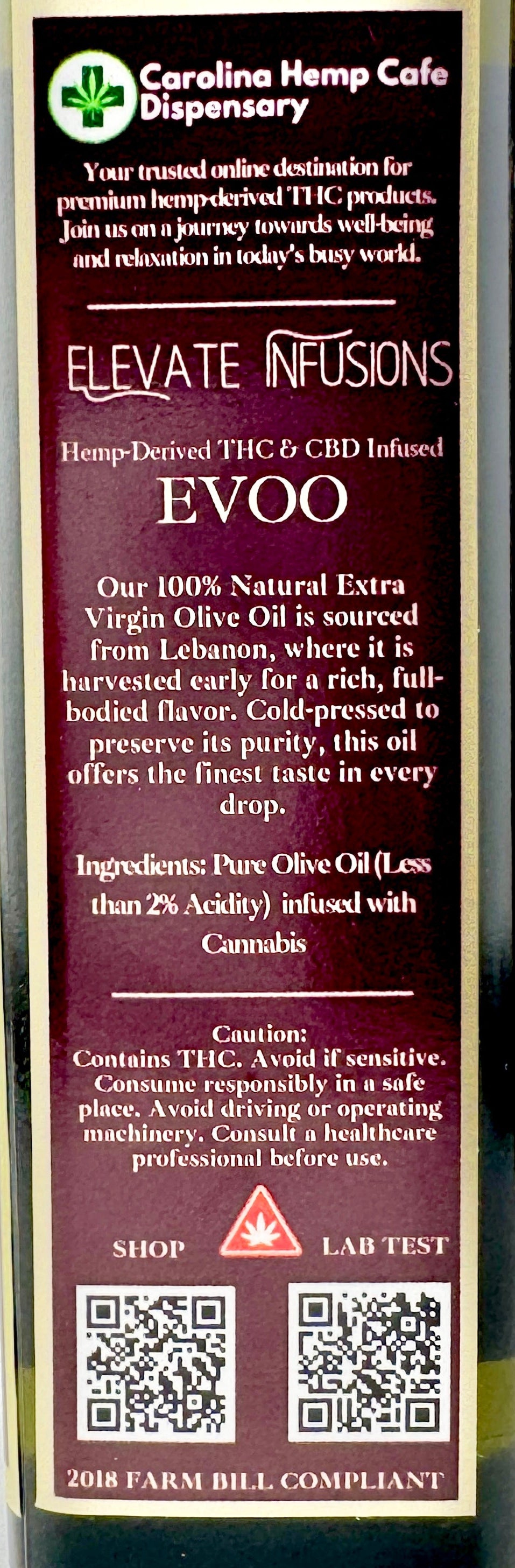 Bottle of Carolina Hemp Cafe Elevate Infusions EVOO with dropper on a gray background