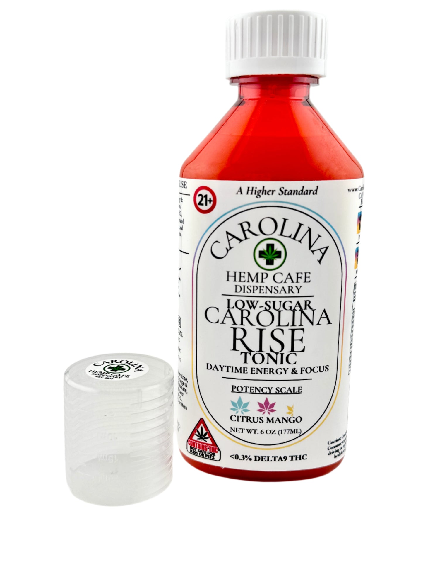 Bottle of Carolina Rise Tonic with a white cap on a light gray background