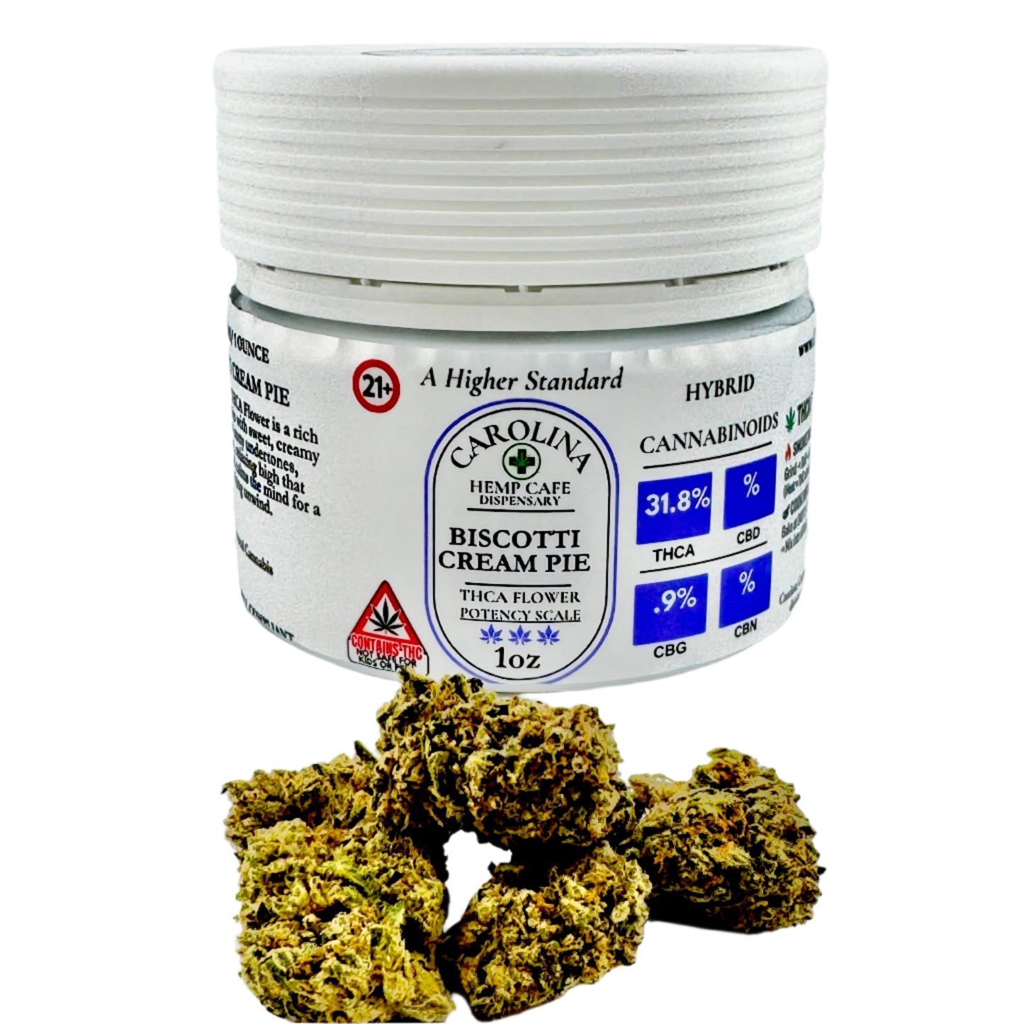 Jar of Carolina Hemp Seed Co. Biscotti Cream Pie with cannabis buds on a gray background