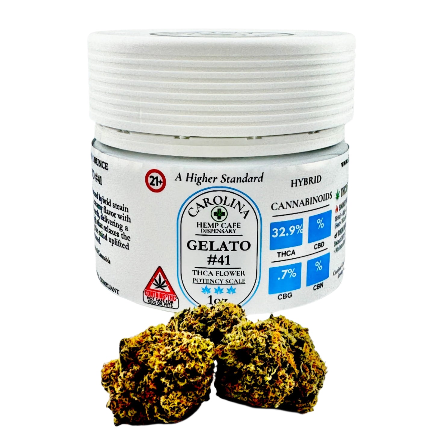 Jar of Carolina Hemp Cafe Dispensary Gelato #41 with cannabis buds on a gray background