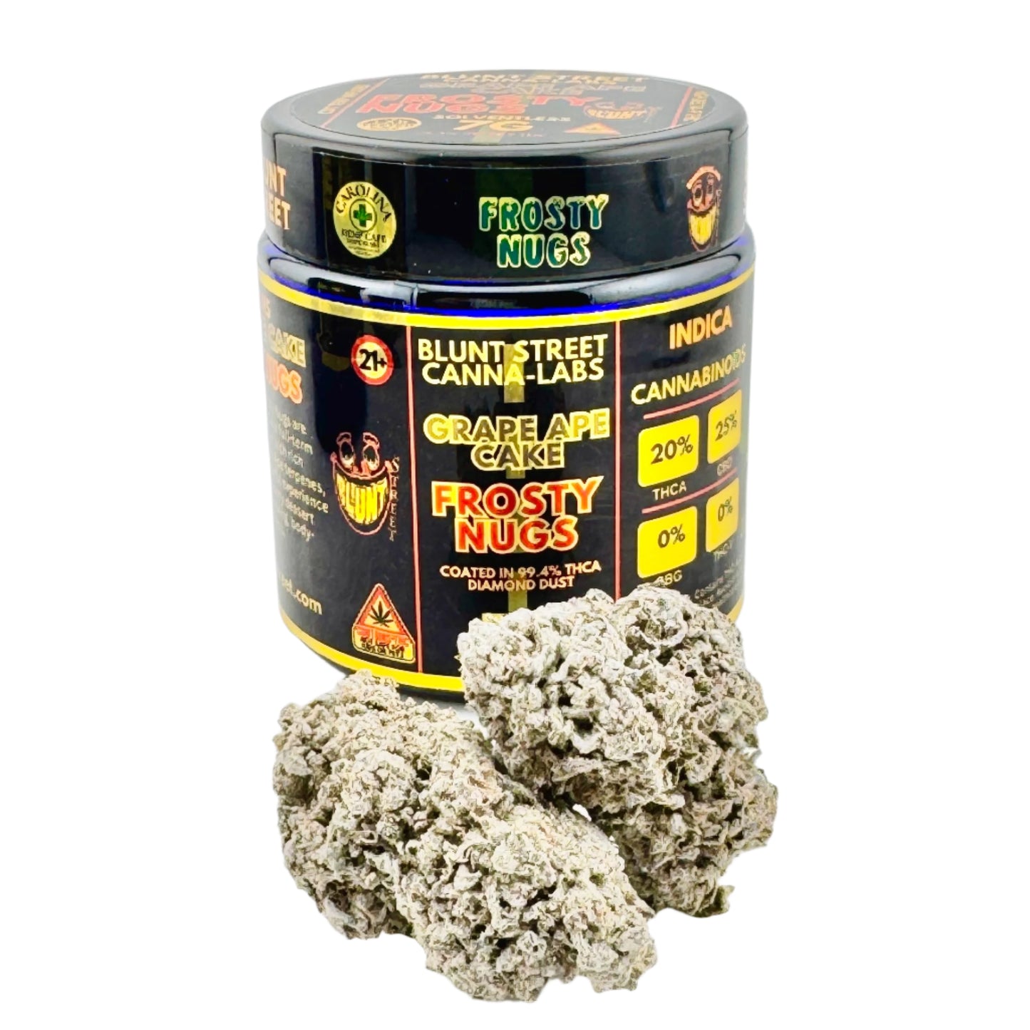 Jar of 'Frosty Nugs' from Blunt Street Canna Labs with cannabis buds on a white background