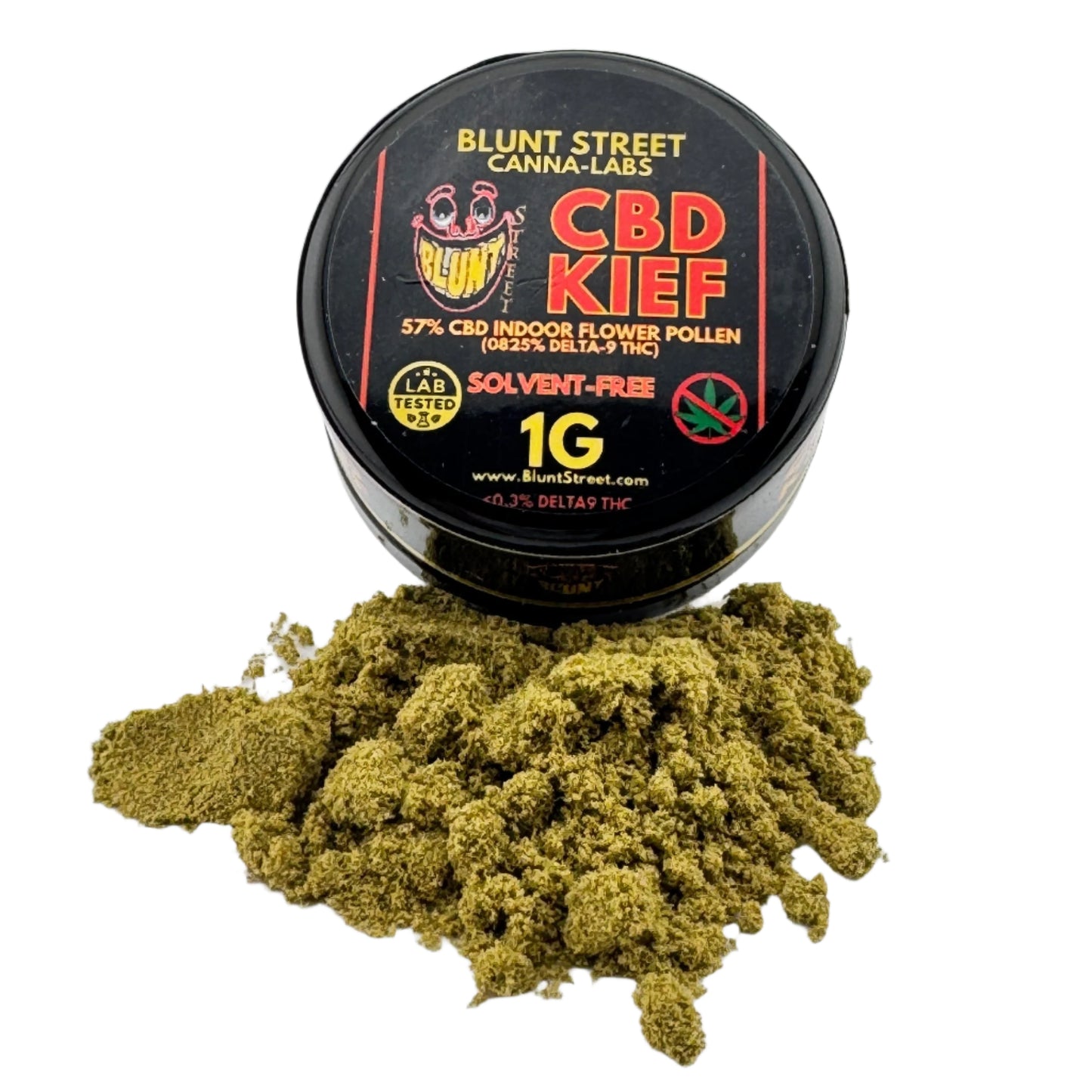 Jar of Blunt Street Canna-Labs CBD Kief on a white background
